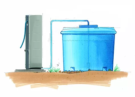 Diagram: Villagepump connected to a large blue rainwater storage tank