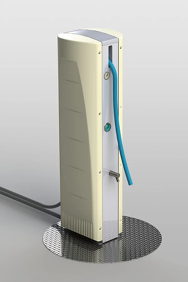 Villagepump 500 water purifier, a tall cream-coloured column with a stainless steel tap